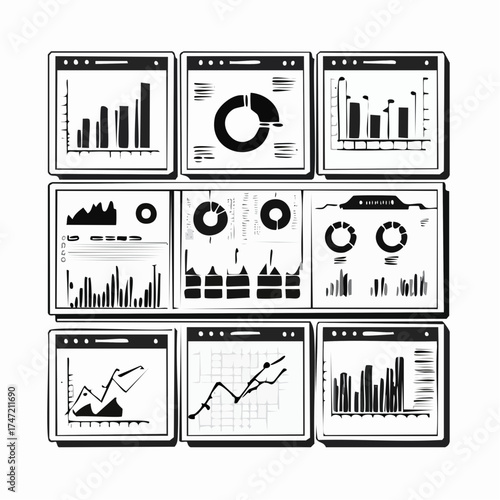 Multiple windows displaying various types of data charts and graphs for business and statistical analysis