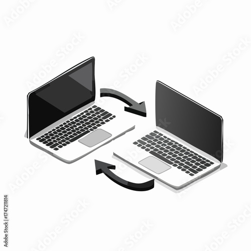 Two laptops connected by an arrow showing data transfer in a modern isometric illustration style