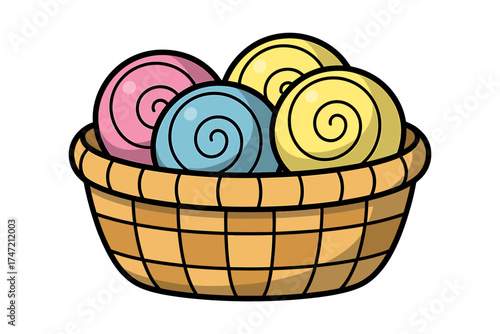 Whimsical cartoon basket of colorful rolled towels perfect for decor or crafts