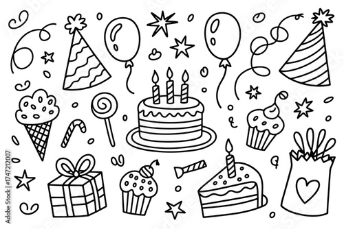 Black and white hand-drawn doodle illustrations of birthday party elements and treats