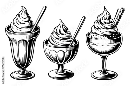 Three delightful black and white line drawings of ice cream sundaes with spoons and toppings