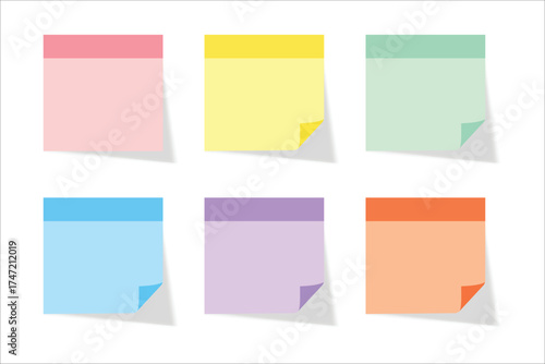 Six colorful sticky notes with shadows