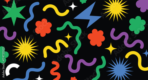 Vibrant and playful abstract pattern with colorful geometric shapes and squiggly lines on a, evoking a sense of fun and energy