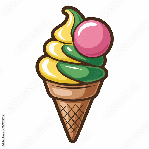 Delicious swirled soft serve ice cream cone with pink topping perfect for summer treats