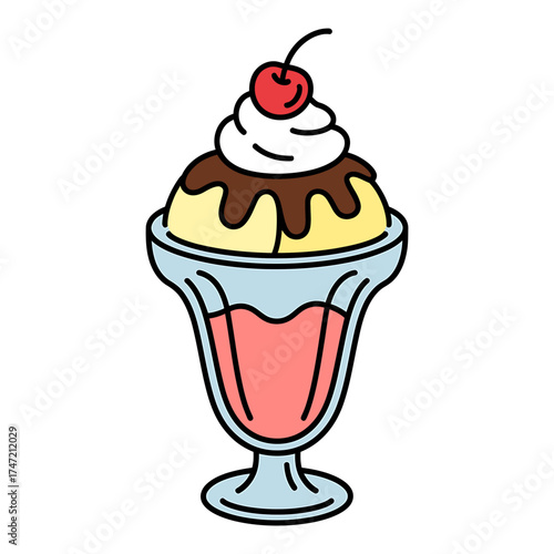 Delicious classic ice cream sundae with cherry topping and chocolate syrup