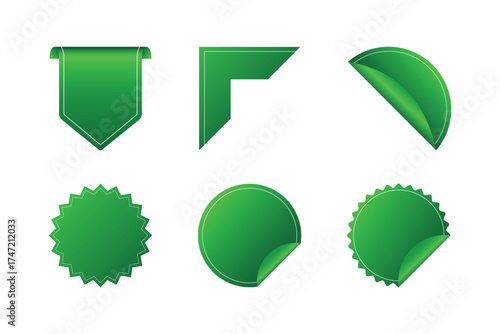 Collection of six green tags and labels in various shapes and forms