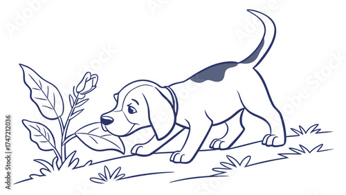 Beagle Puppy Sniffing Leaf in Nature Illustration, Playful Outdoor Scene, Blue Line Design