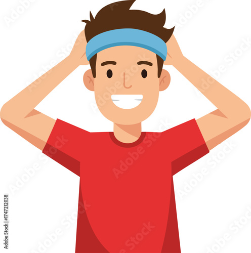 Smiling young man with headband and red shirt holding head in happy expression vector illustration 