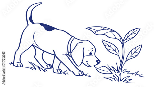 Beagle Sniffing Ground in Nature - Blue Line Vector Illustration of a Dog's Curiosity