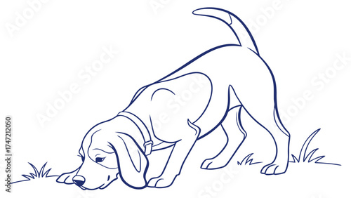 Beagle Sniffing in the Forest Trail - Blue Line Vector Illustration of Nature Adventure