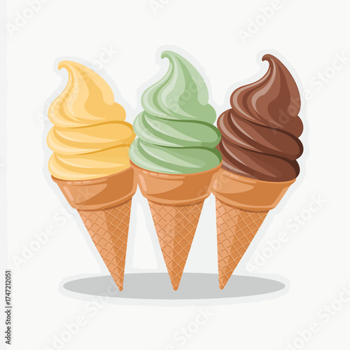 Three soft serve ice cream cones with yellow green and chocolate flavors