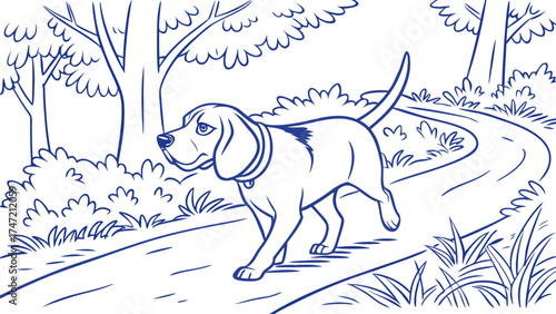 Illustrative Beagle Walking on a Nature Trail in a Serene Outdoor Environment