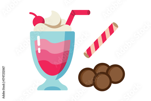 Delicious pink milkshake with cherry topping candy cane and cookies sweet treat for your design needs