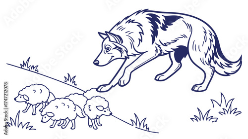 Crouching Border Collie Puppy Herding Sheep in Nature Illustration