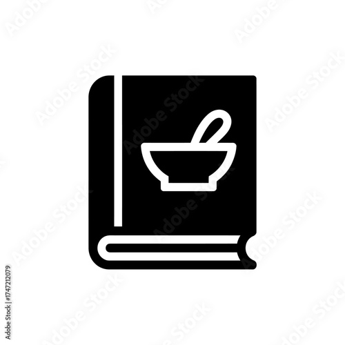 Minimalist black and white icon of a mortar and pestle on a book symbolizing pharmacy or medicine
