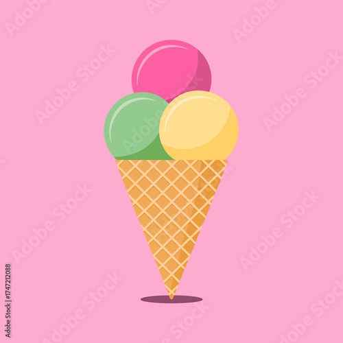 Delightful trio of ice cream cones with strawberry green and vanilla flavors on a pink background