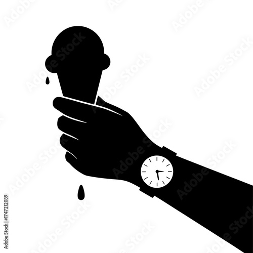 Minimalist silhouette of hand holding melting ice cream cone wearing a watch