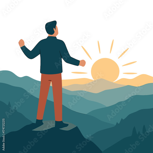 A man standing on the mountain enjoys the sunrise