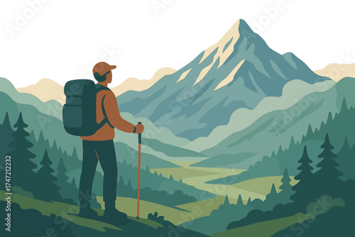 A solitary trekker gazes upon a stunning mountain view, a scene of tranquil beauty and daring adventure amid mist-covered peaks and lush valleys