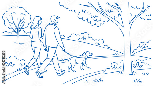 Outdoor Walk, Couple with Dog, Park, Illustration, Scenic, Side View, Joyful Lifestyle Concept