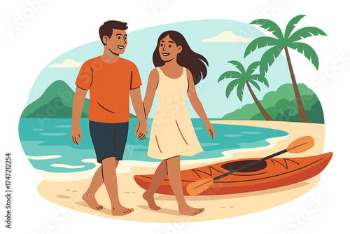 Joyful couple strolls beside a sea kayak or canoe at a tropical bay