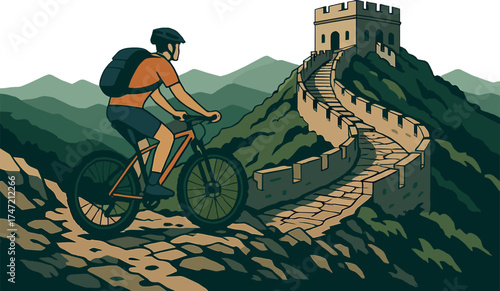 A cyclist traverses a rough stretch of the Great Wall, blending adventure with stunning vistas
