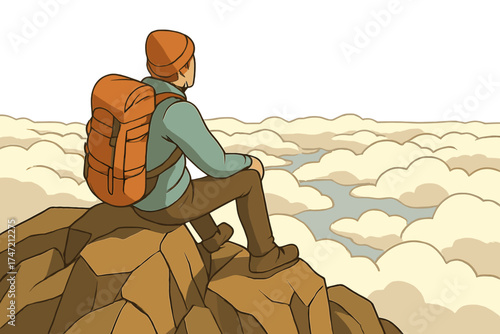 A lone traveler man relaxes alone on a rocky mountain summit above the clouds, embodying travel, lifestyle, success, adventure, active vacations, and an outdoor top view