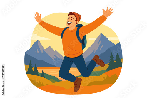 A joyful man leaps outdoors, embracing travel, lifestyle, adventure, and active vacations in Norway, with sunset mountains bringing success, fun, euphoria, and emotions
