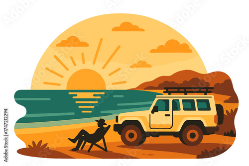 A tranquil outback adventure with a 4WD vehicle on an ocean beach at sunrise
