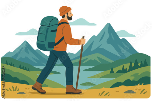 A traveling tourist man with a backpack hikes through mountain landscapes, embracing an active, healthy lifestyle and adventure vacations in Scandinavia