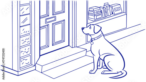 Dog Sitting at Entrance, Home Decor, Vector Illustration, Cozy Environment, Front View, Loyal Companion