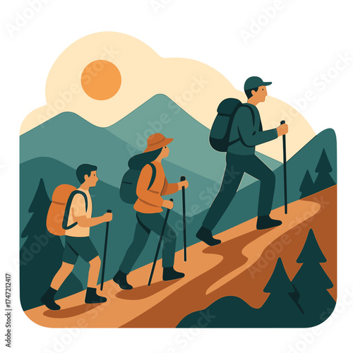A few hikers ascend a mountain trail during the early morning hours