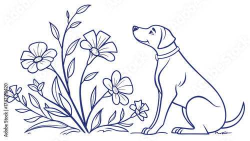 Dog Sitting Among Flowers in a Serene Nature Setting – Vector Illustration