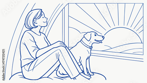 Woman and Dog Enjoying Sunrise in Cozy Home Setting