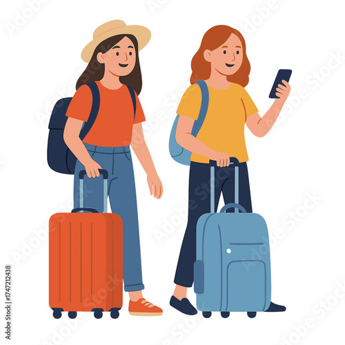 Tourists carrying luggage and phones, women passengers standing with suitcases, backpacks, and travel bags, cheerful girls with baggage for a journey or holiday, depicted as a flat vector