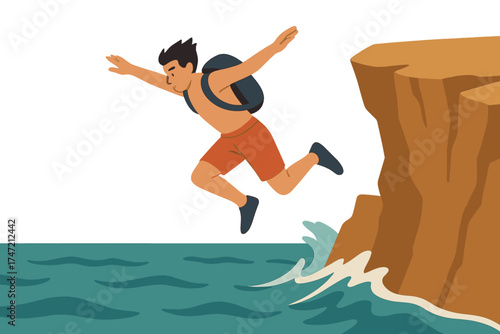 A man jumps off a cliff and dives into the ocean below as part of an extreme sports adventure