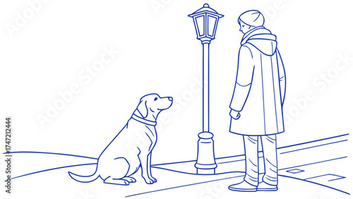 Patient Dog Waits by Streetlamp with Owner in Peaceful Urban Setting - Vector Illustration