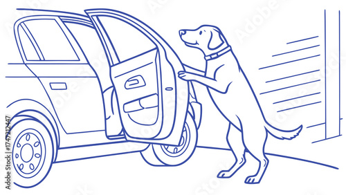 Dog Waiting by Open Car Door, Urban Environment, Vector Illustration, Pets, Lifestyle