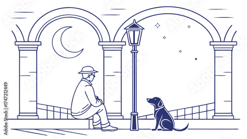Man and Dog Under Street Lamp, Urban Setting, Line Art Style