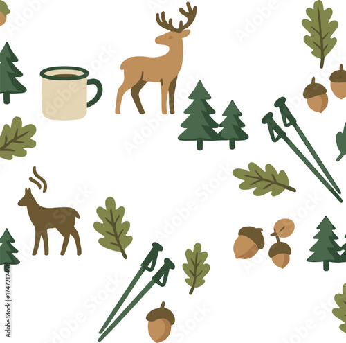 A seamless pattern featuring inspirational adventure quotes, oak leaves, acorns, a pine forest, a coffee or tea mug, hiking poles, and a deer, suitable for background or wallpaper, rendered as a