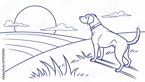 Dog Standing in Nature, Under a Sunset, Vector Illustration, Serene Environment, Outdoor Viewpoint