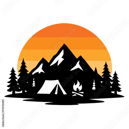 A black silhouette of mountains and fir trees, depicting a camping adventure with wildlife, sunset and sunrise, presented as a panoramic illustration icon vector for a logo, set against a white