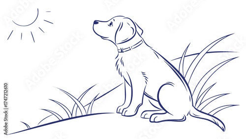 Illustration of a Dog Gazing at the Sun in a Natural Landscape Environment