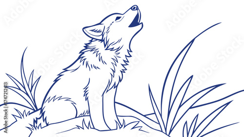 Howling Husky Puppy Illustration in Nature, Blue Line Vector Art with Grass and Hills