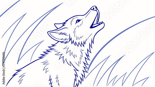 Vector Illustration of a Howling Husky Puppy in Nature, Blue Line Art, Peaceful Environment, Artistic Representation