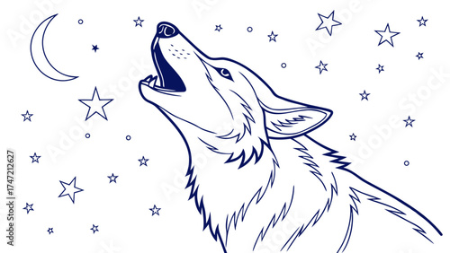 Husky Howling at Night Sky, Snowy Landscape, Illustration, Tranquil Environment, Side View, Nature Theme