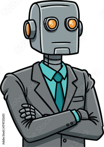 Robot in business suit with crossed arms representing artificial intelligence and professionalism in technology and office environments 