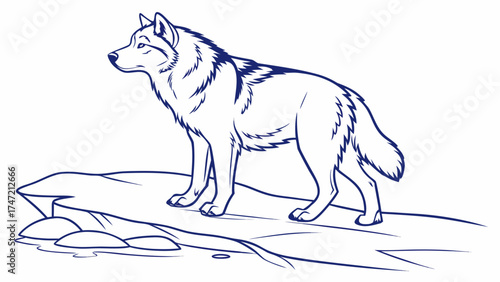 Blue-Line Vector Illustration of a Majestic Wolf Standing on Rocks in Nature Environment