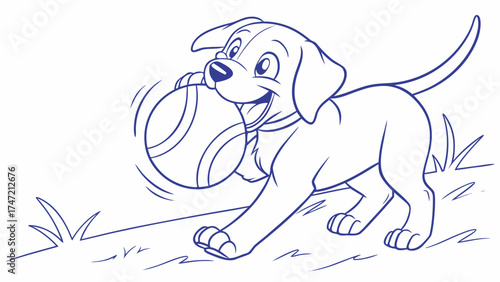 Playful Labrador Puppy Fetching Ball on Grass - Fun Illustration - Outdoor Scene - Cheerful Perspective