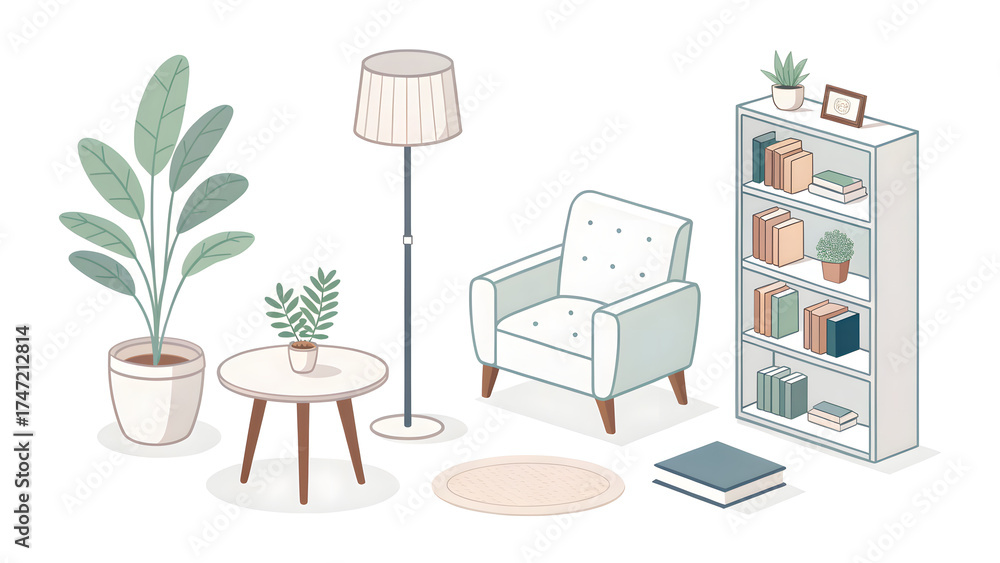 Fototapeta premium Minimal Household Items Game Asset Pack on White Background lamp, chair, table, sofa, plant pot, bookshelf – clean flat design, soft shadows